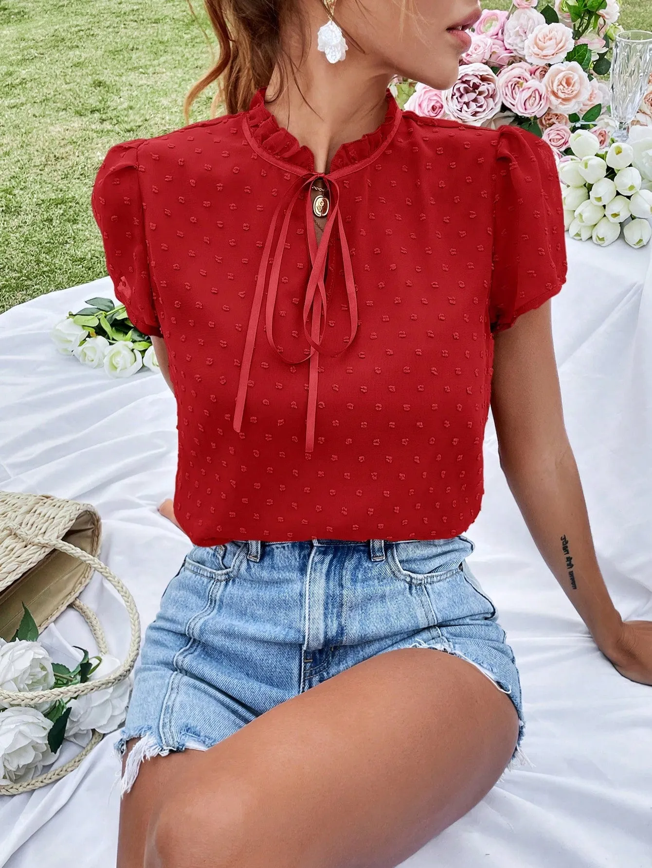 Swiss Dot Tie Neck Puff Sleeve Frill Trim Blouse
