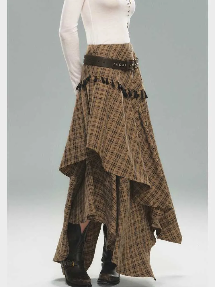 Tassel Plaid Asymmetric Skirt