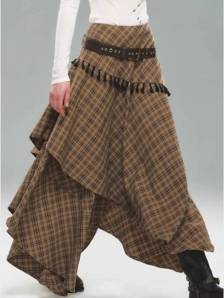 Tassel Plaid Asymmetric Skirt