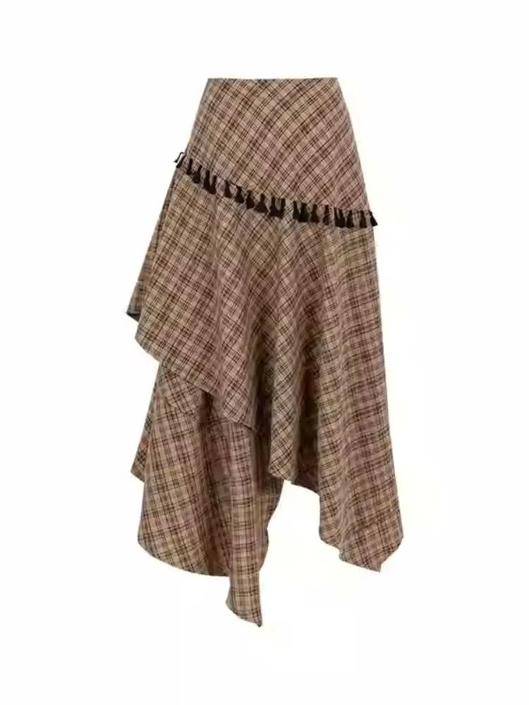 Tassel Plaid Asymmetric Skirt