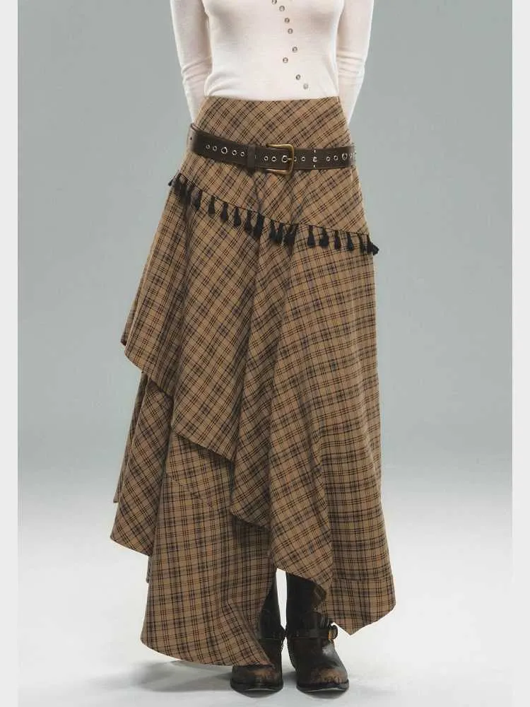 Tassel Plaid Asymmetric Skirt