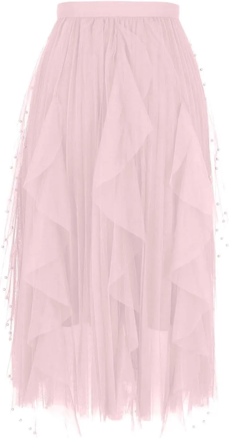 Tulle Skirts for Women Solid Color Flowy Midi Skirt Irregular Hem Mesh Layered High Elastic Waist A-line Swing Skirts