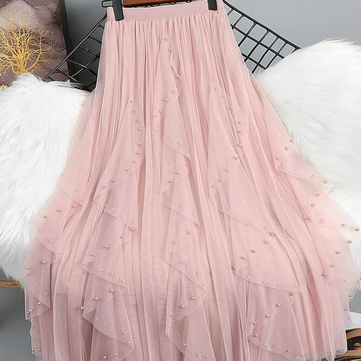 Tulle Skirts for Women Solid Color Flowy Midi Skirt Irregular Hem Mesh Layered High Elastic Waist A-line Swing Skirts