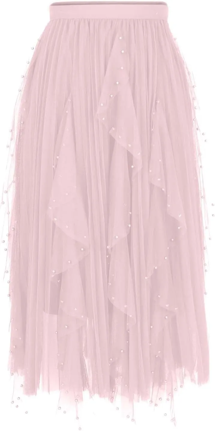 Tulle Skirts for Women Solid Color Flowy Midi Skirt Irregular Hem Mesh Layered High Elastic Waist A-line Swing Skirts