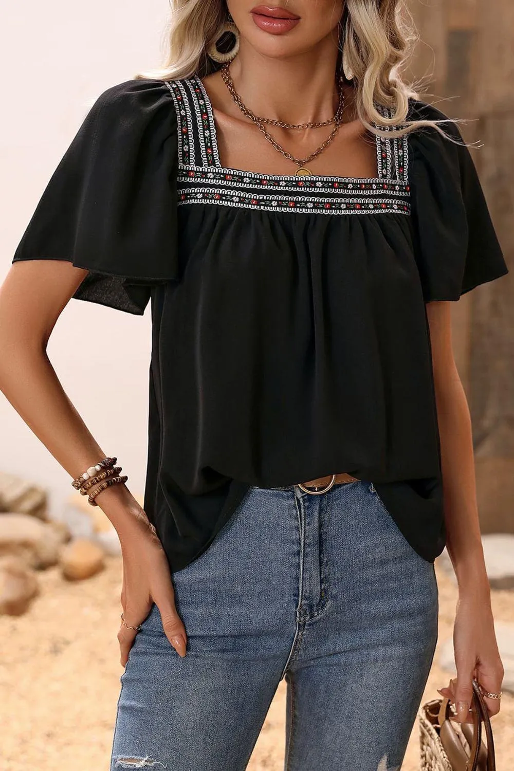 Unshaken Short Sleeve Square Neck Blouse
