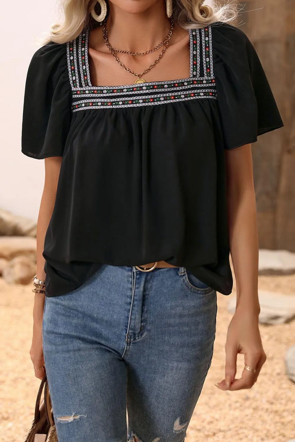 Unshaken Short Sleeve Square Neck Blouse