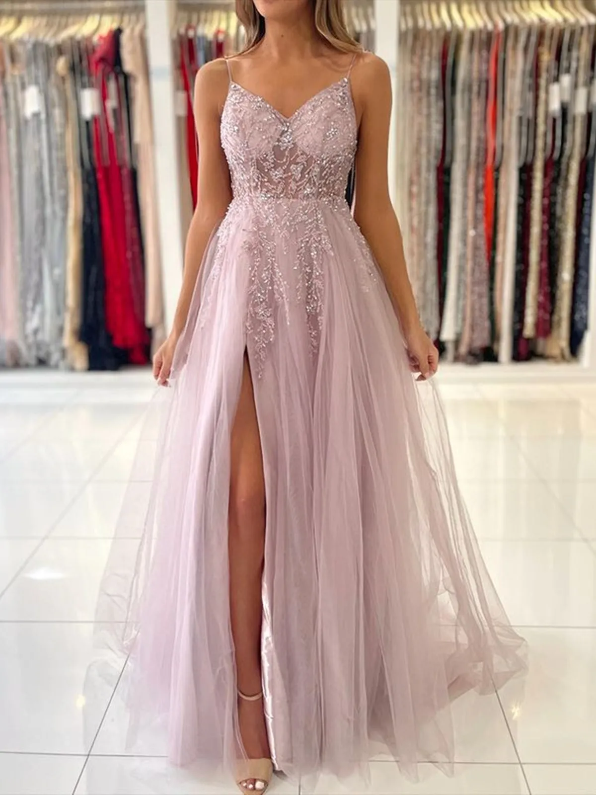 V Neck Lavender Tulle Beaded Prom Dresses, Lavender Tulle Long Formal Graduation Dresses