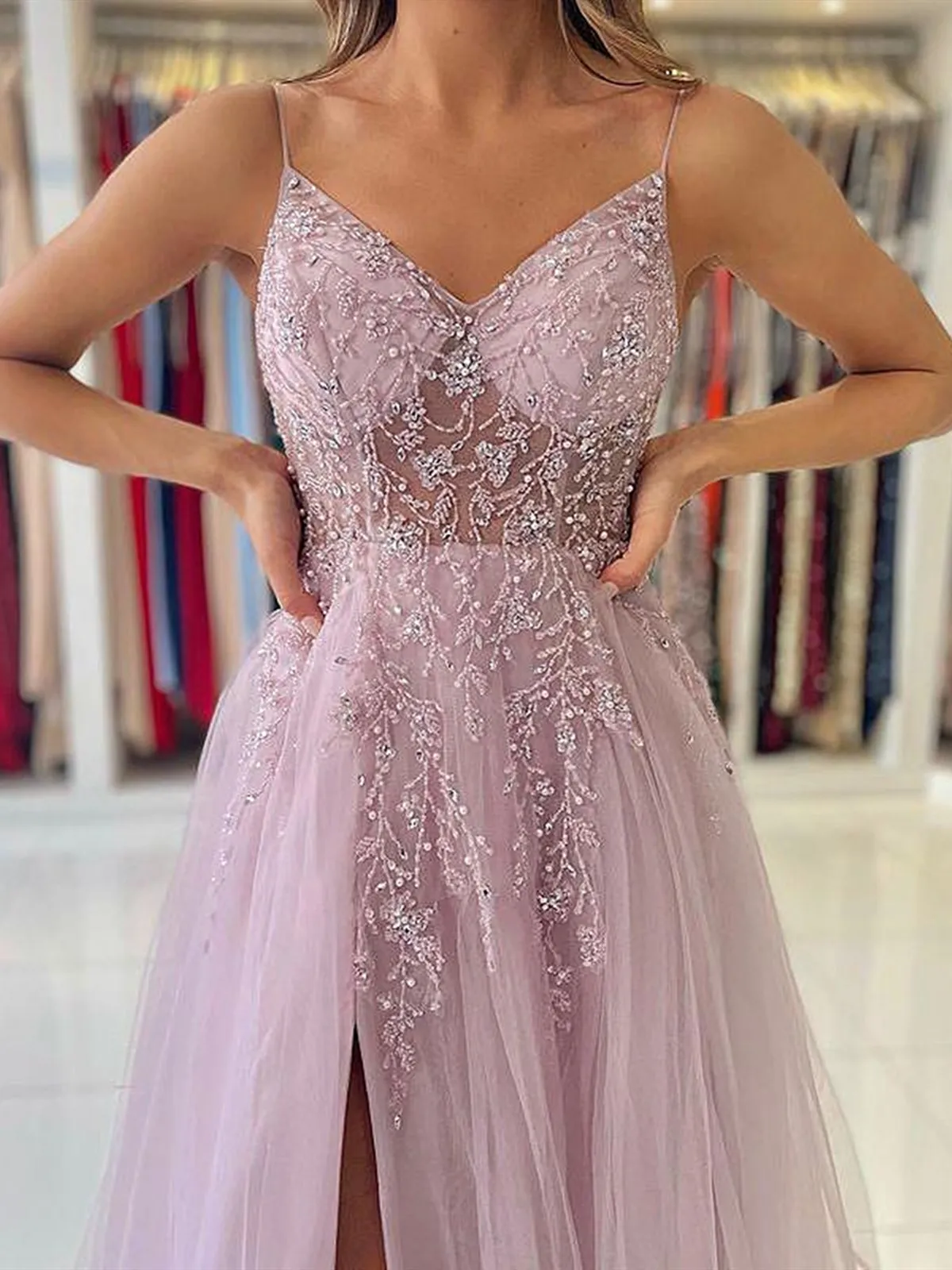 V Neck Lavender Tulle Beaded Prom Dresses, Lavender Tulle Long Formal Graduation Dresses
