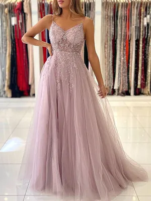 V Neck Lavender Tulle Beaded Prom Dresses, Lavender Tulle Long Formal Graduation Dresses