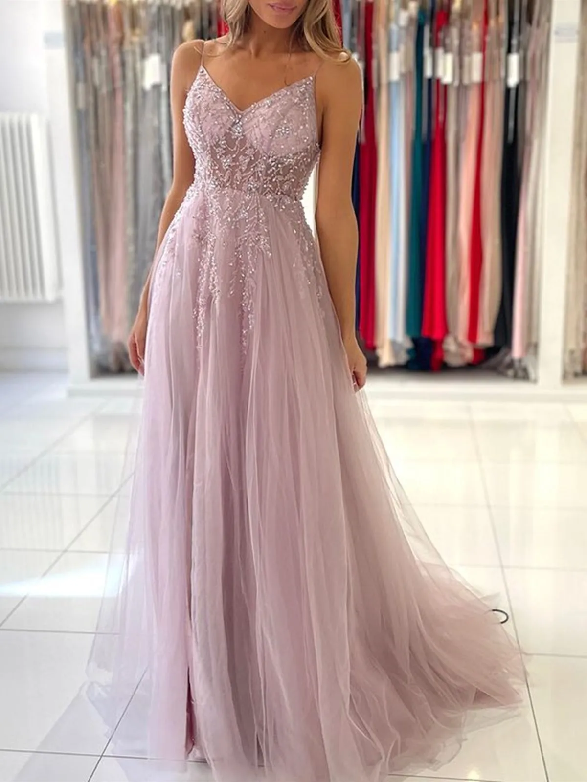V Neck Lavender Tulle Beaded Prom Dresses, Lavender Tulle Long Formal Graduation Dresses