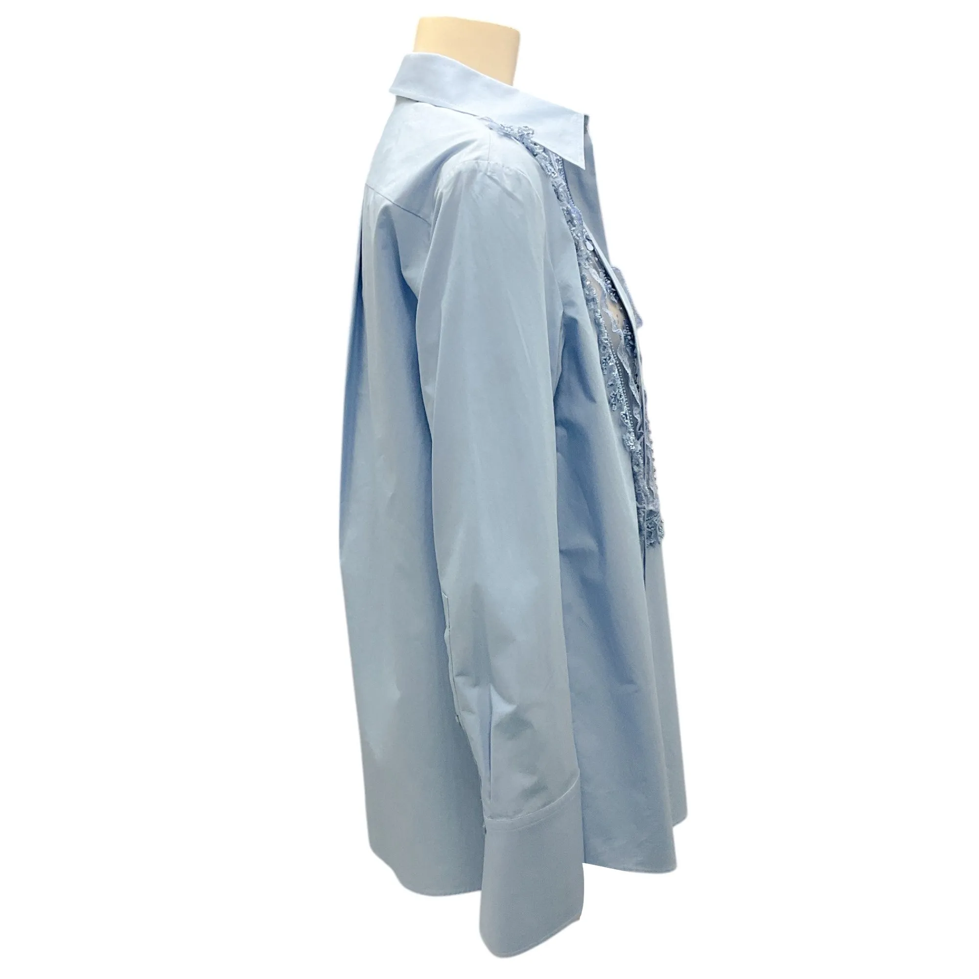 Valentino Blue 2022 Pussy-Bow Tailored Long-Sleeved Shirt