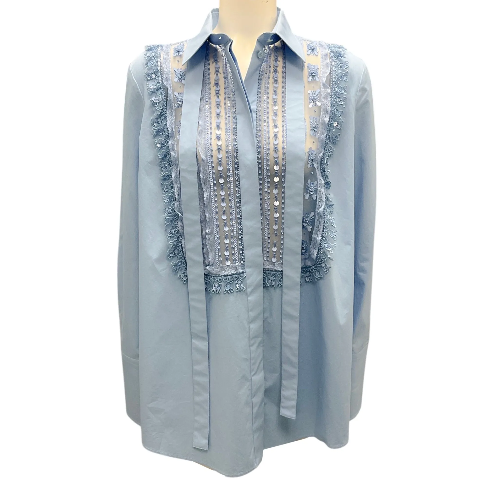 Valentino Blue 2022 Pussy-Bow Tailored Long-Sleeved Shirt