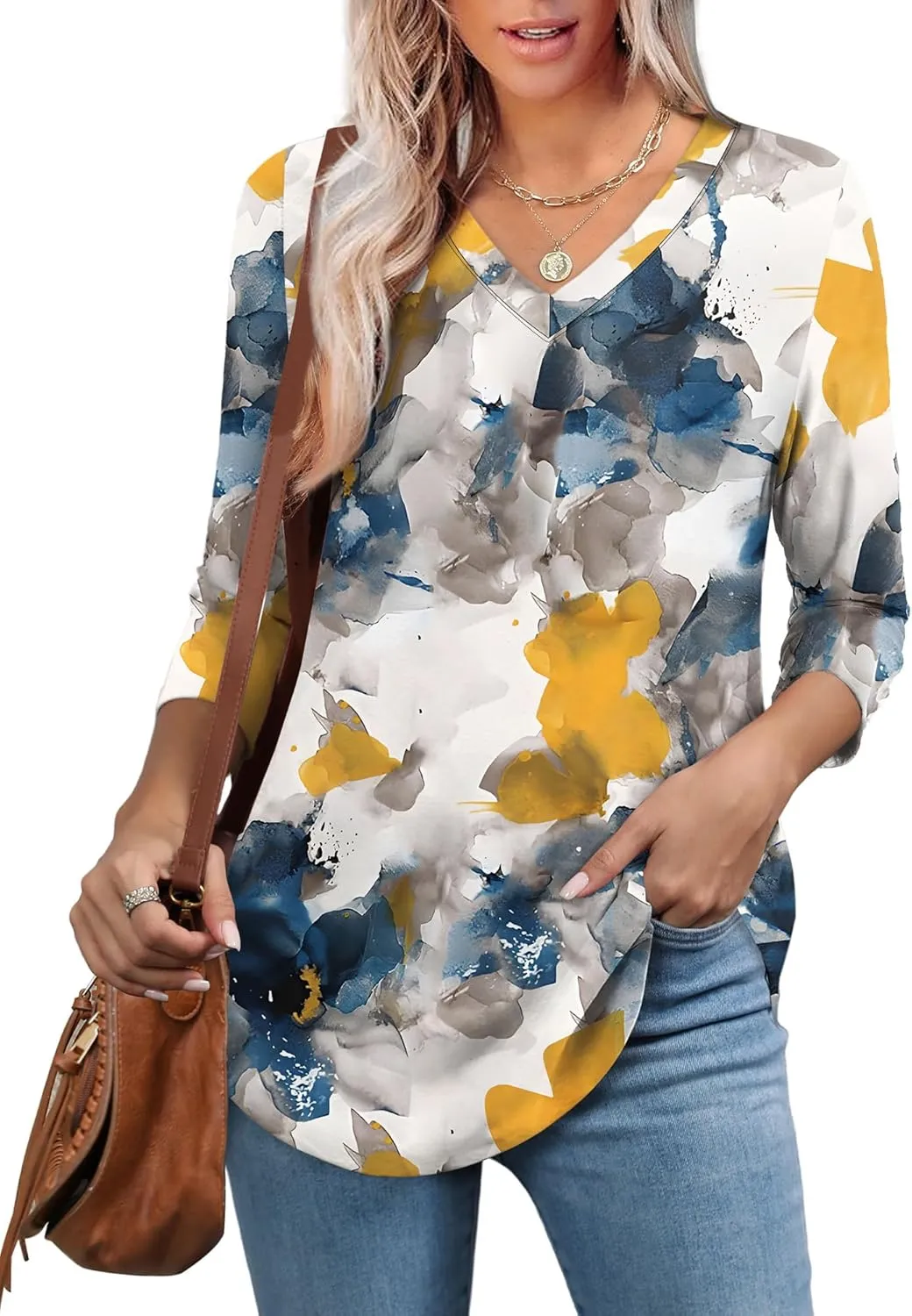 WEESO 3/4 Length Sleeve Womens Tops V Neck Casual Flowy Tunic Tops Loose Fit Blouses Curved Hem Spring Summer Outfits