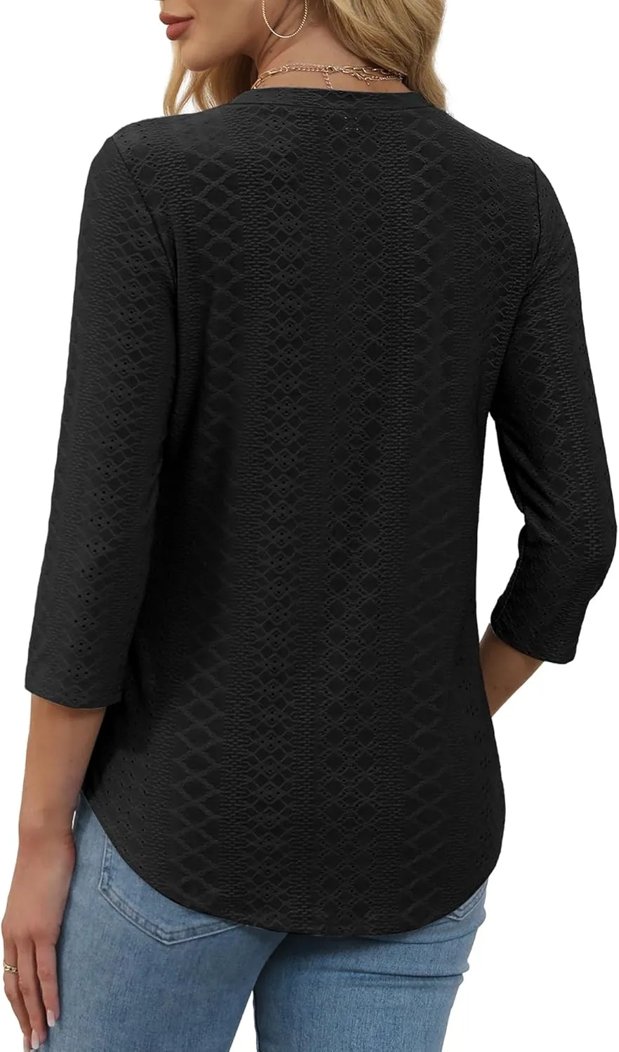 WEESO 3/4 Length Sleeve Womens Tops V Neck Casual Flowy Tunic Tops Loose Fit Blouses Curved Hem Spring Summer Outfits