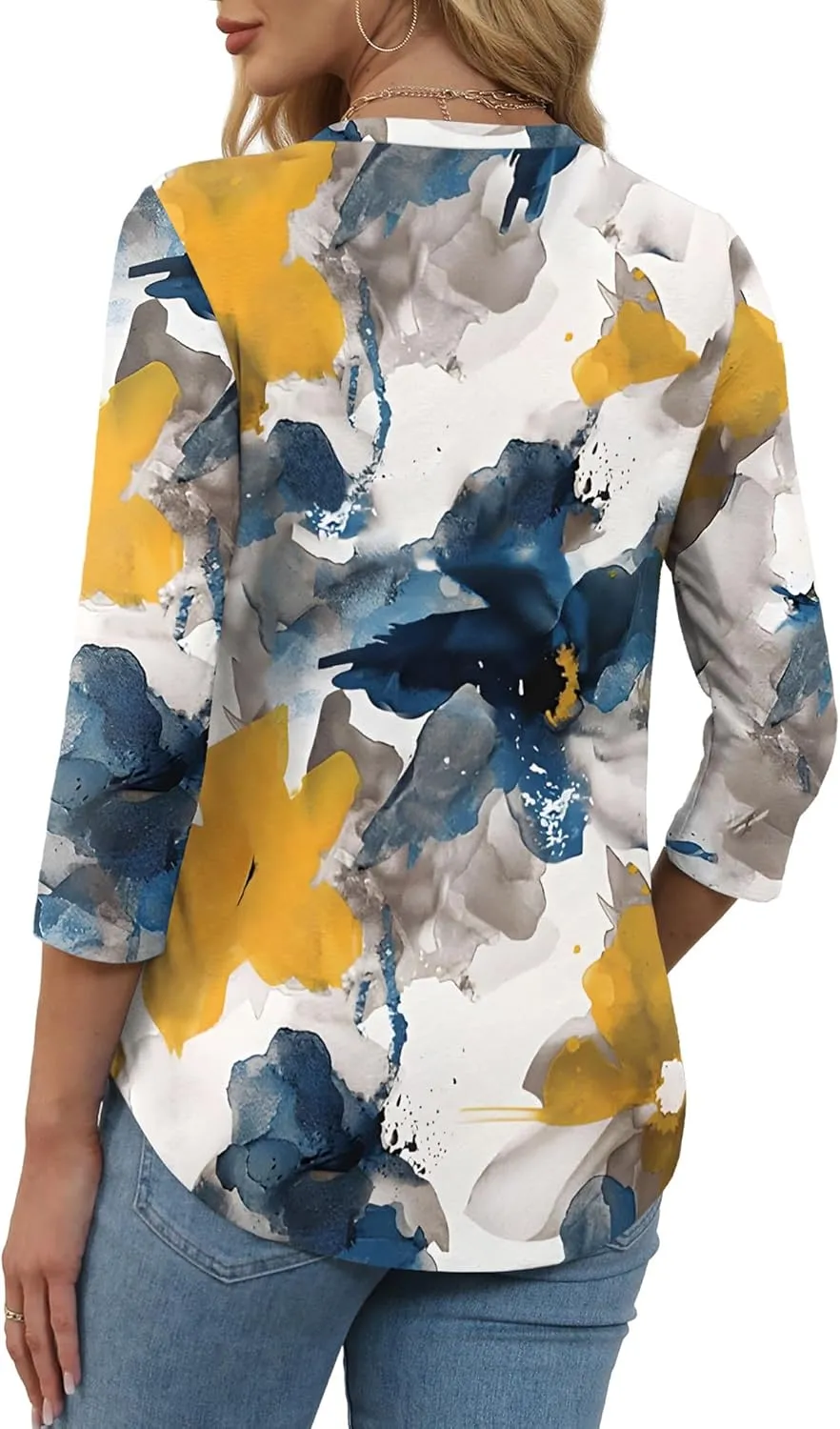 WEESO 3/4 Length Sleeve Womens Tops V Neck Casual Flowy Tunic Tops Loose Fit Blouses Curved Hem Spring Summer Outfits