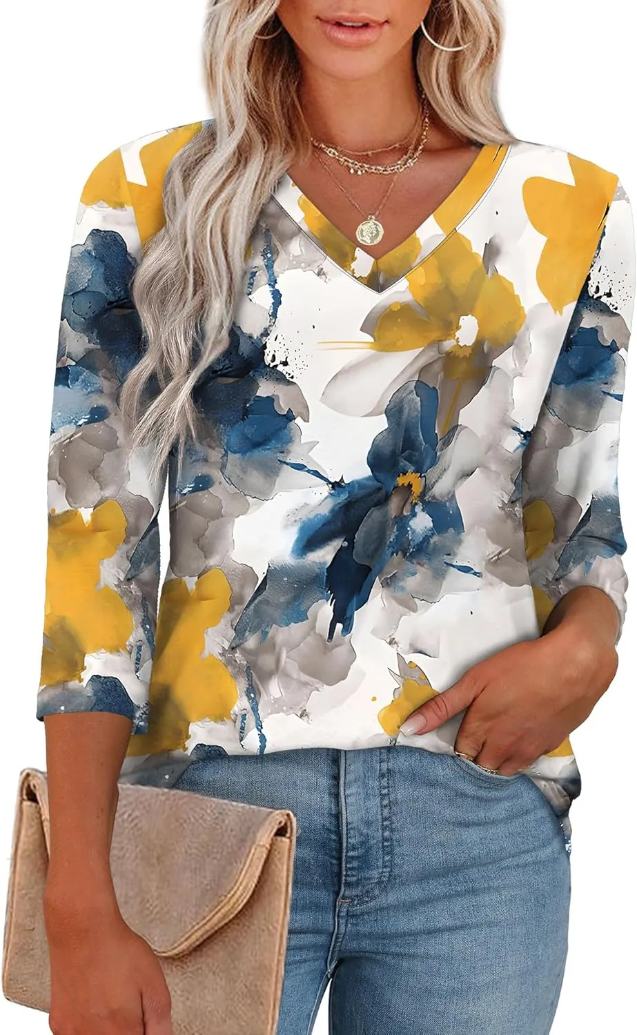 WEESO 3/4 Length Sleeve Womens Tops V Neck Casual Flowy Tunic Tops Loose Fit Blouses Curved Hem Spring Summer Outfits