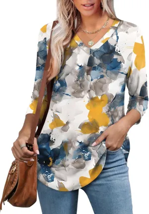 WEESO 3/4 Length Sleeve Womens Tops V Neck Casual Flowy Tunic Tops Loose Fit Blouses Curved Hem Spring Summer Outfits
