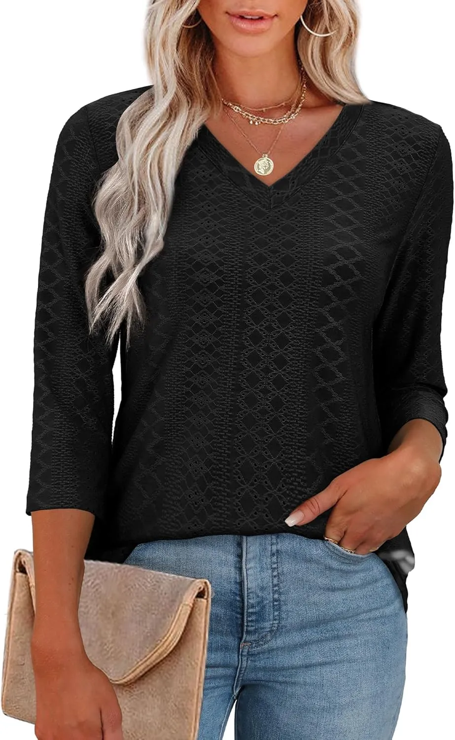 WEESO 3/4 Length Sleeve Womens Tops V Neck Casual Flowy Tunic Tops Loose Fit Blouses Curved Hem Spring Summer Outfits