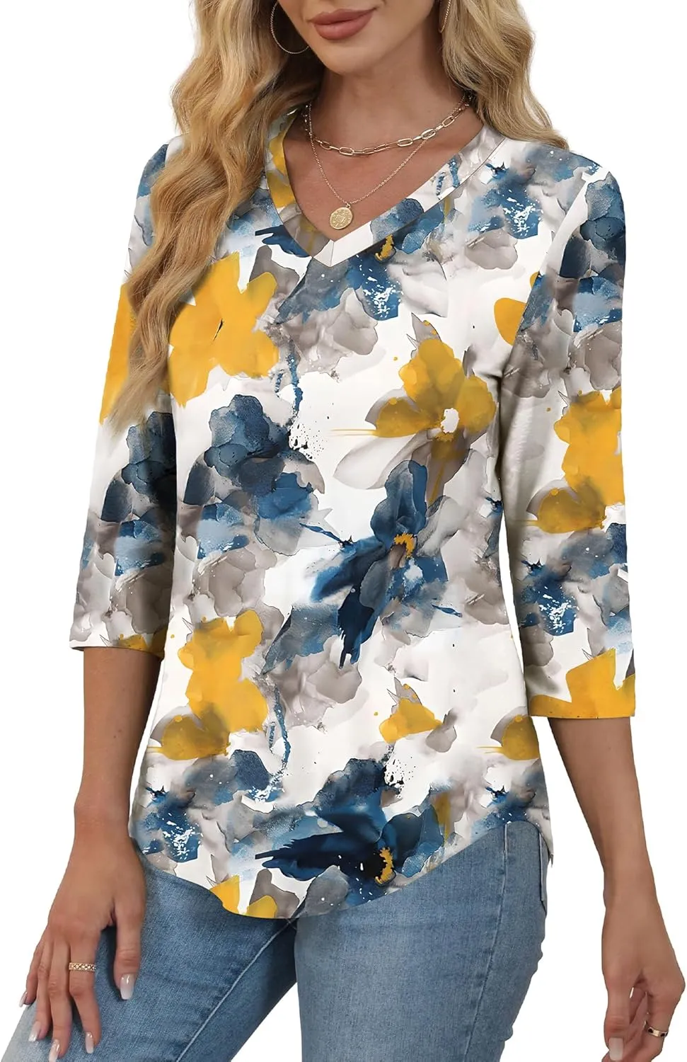WEESO 3/4 Length Sleeve Womens Tops V Neck Casual Flowy Tunic Tops Loose Fit Blouses Curved Hem Spring Summer Outfits