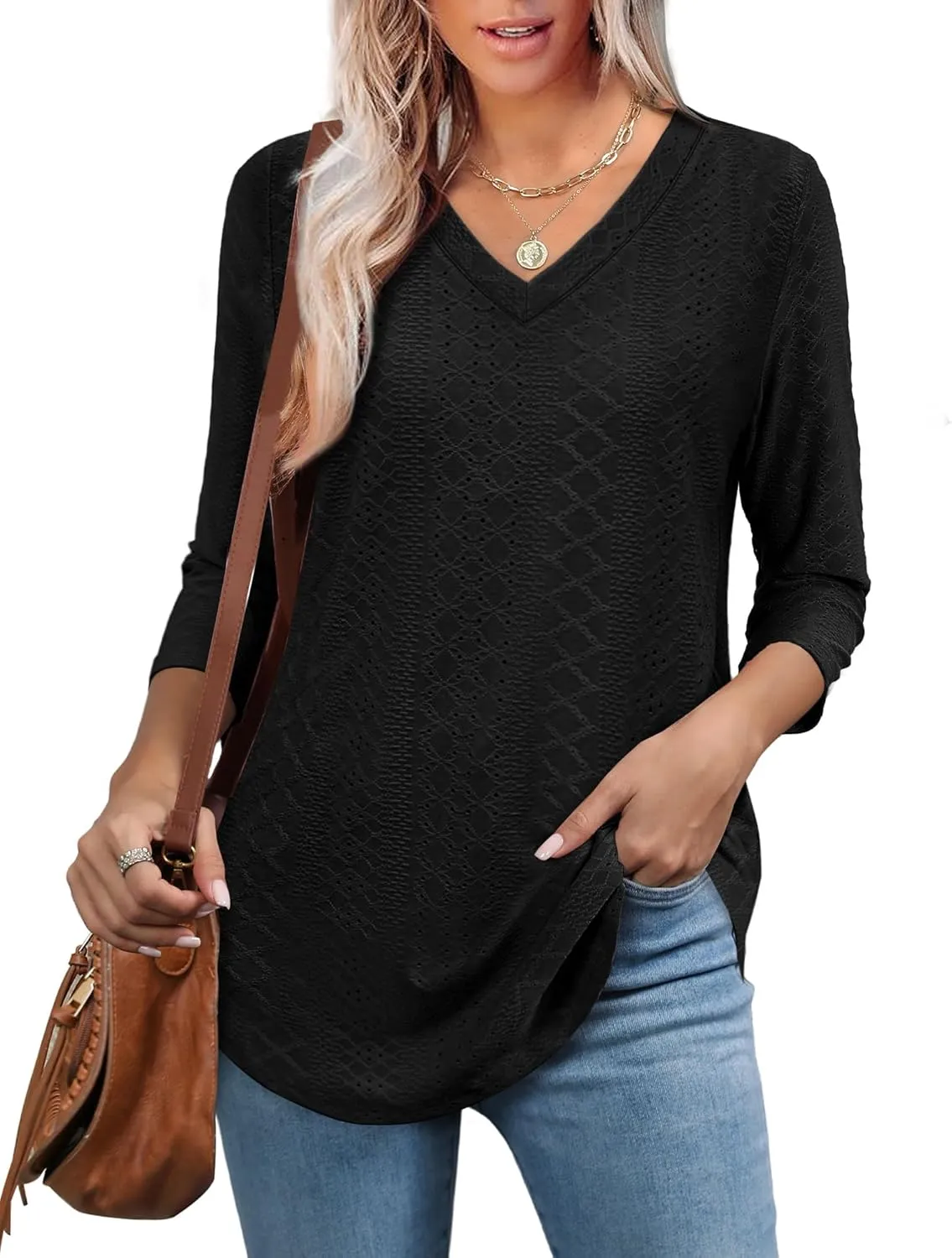 WEESO 3/4 Length Sleeve Womens Tops V Neck Casual Flowy Tunic Tops Loose Fit Blouses Curved Hem Spring Summer Outfits