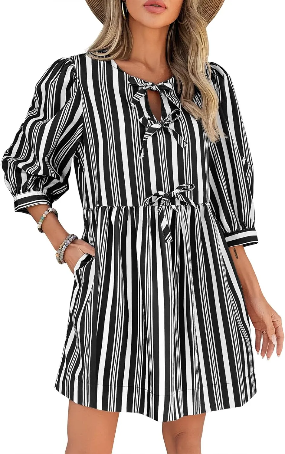 Wenrine Women's Puff Sleeve Mini Dress Summer Casual Bow Tie Crewneck Striped Loose Flowy Beach Dresses