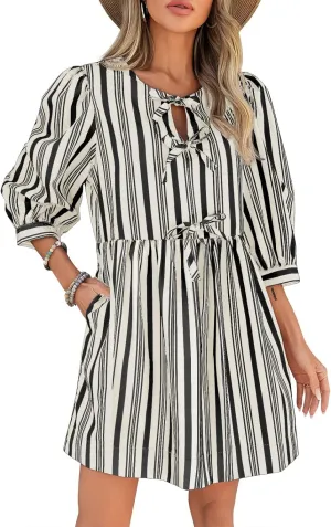Wenrine Women's Puff Sleeve Mini Dress Summer Casual Bow Tie Crewneck Striped Loose Flowy Beach Dresses