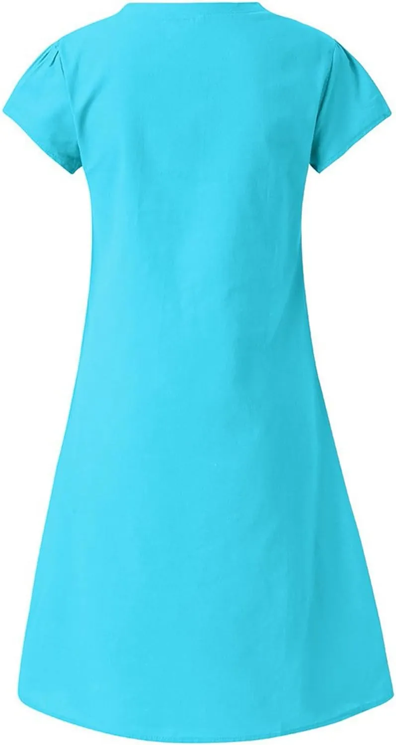 Women Dresses Summer Plus Size Short Sleeve V Neck Mini Dress Casual Loose Comfy Cotton Linen Knee Length Dress