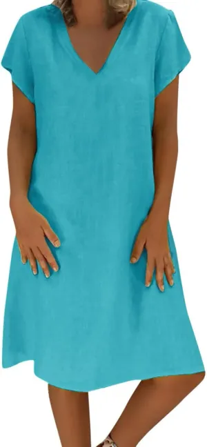 Women Dresses Summer Plus Size Short Sleeve V Neck Mini Dress Casual Loose Comfy Cotton Linen Knee Length Dress
