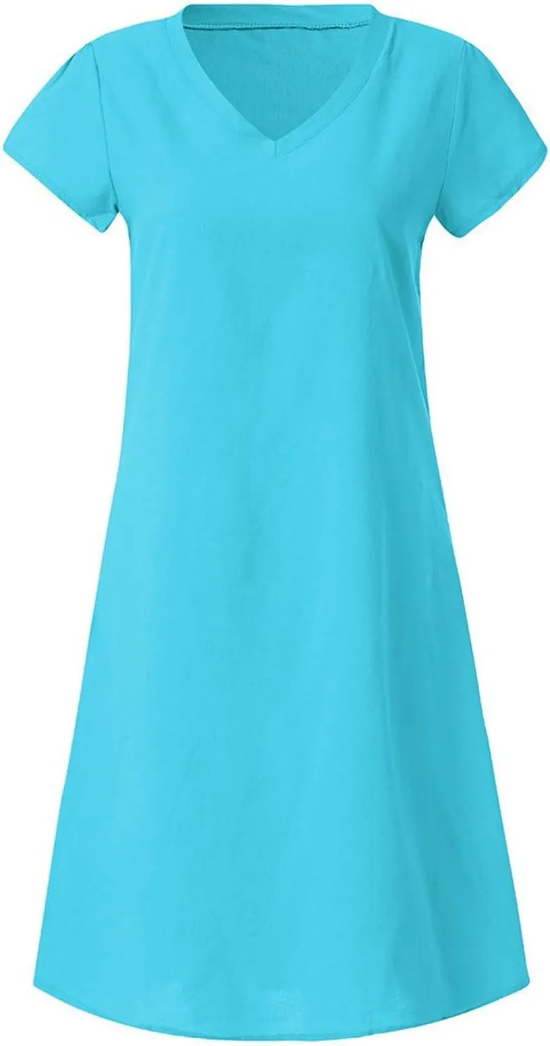 Women Dresses Summer Plus Size Short Sleeve V Neck Mini Dress Casual Loose Comfy Cotton Linen Knee Length Dress