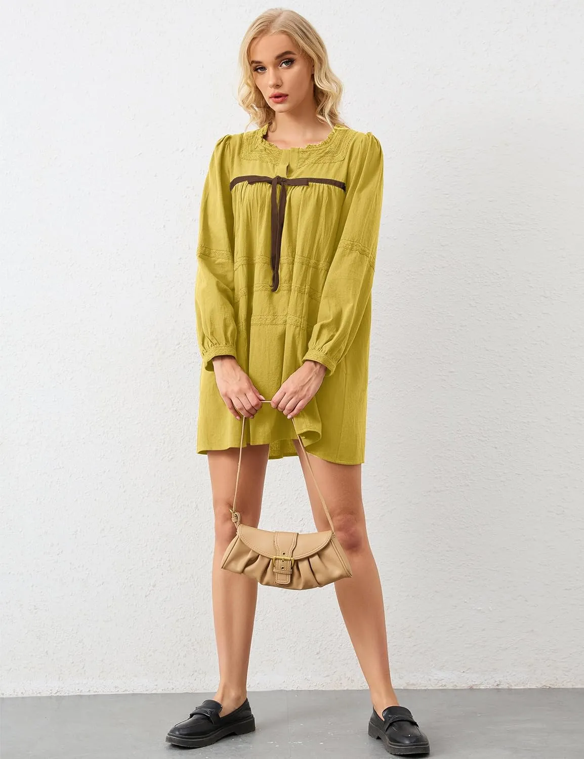 Women Flowy Long Puff Sleeve Mini Dress Casual Square Neck Lace Embroidered Babydoll Dress Bow Tie A-line Tunic Dress