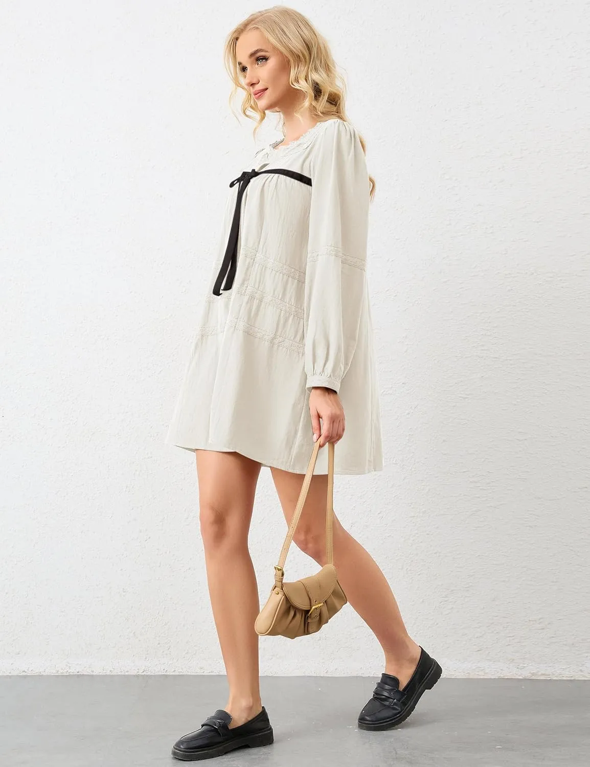 Women Flowy Long Puff Sleeve Mini Dress Casual Square Neck Lace Embroidered Babydoll Dress Bow Tie A-line Tunic Dress