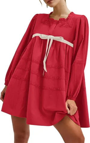 Women Flowy Long Puff Sleeve Mini Dress Casual Square Neck Lace Embroidered Babydoll Dress Bow Tie A-line Tunic Dress