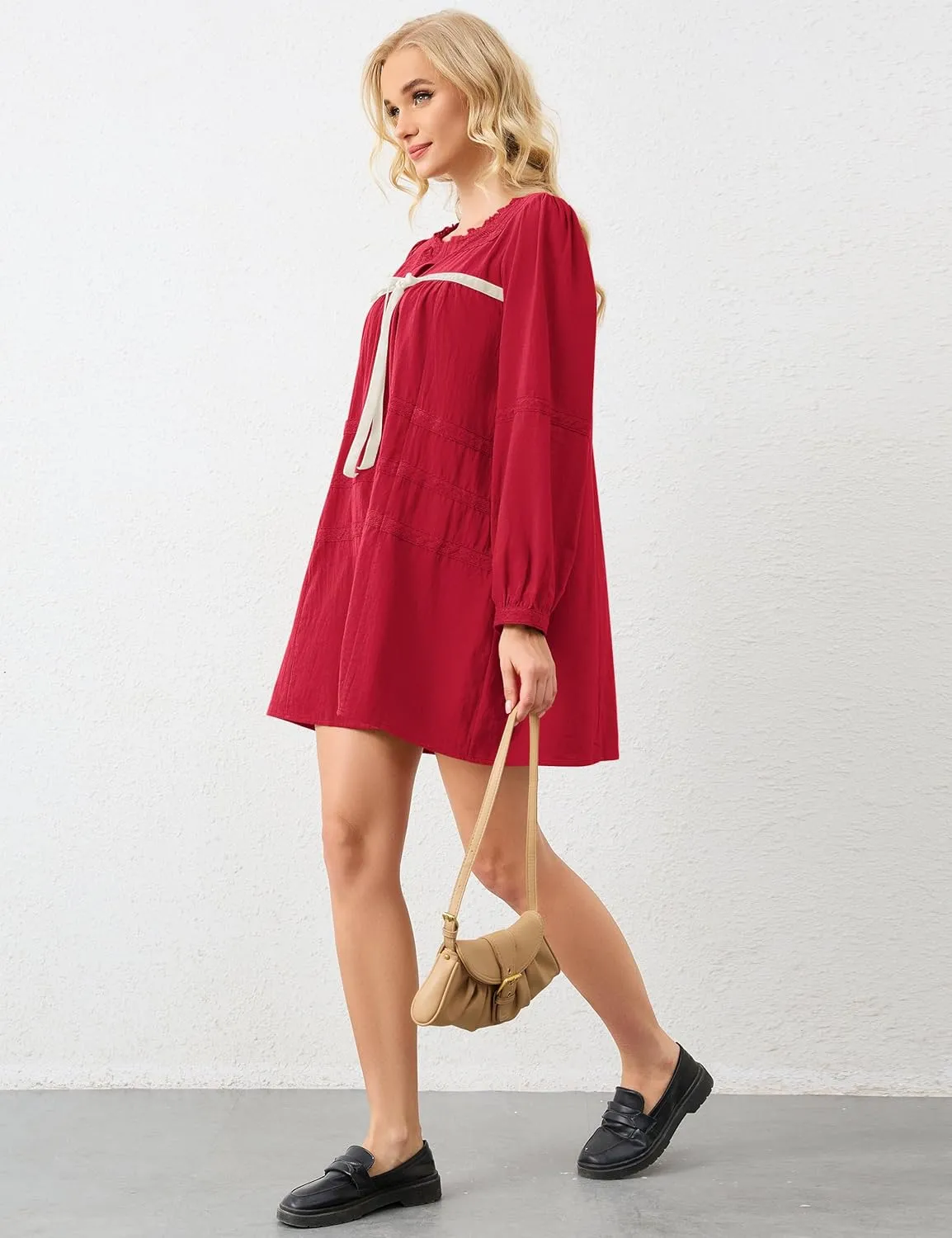 Women Flowy Long Puff Sleeve Mini Dress Casual Square Neck Lace Embroidered Babydoll Dress Bow Tie A-line Tunic Dress