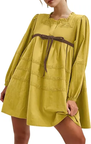 Women Flowy Long Puff Sleeve Mini Dress Casual Square Neck Lace Embroidered Babydoll Dress Bow Tie A-line Tunic Dress