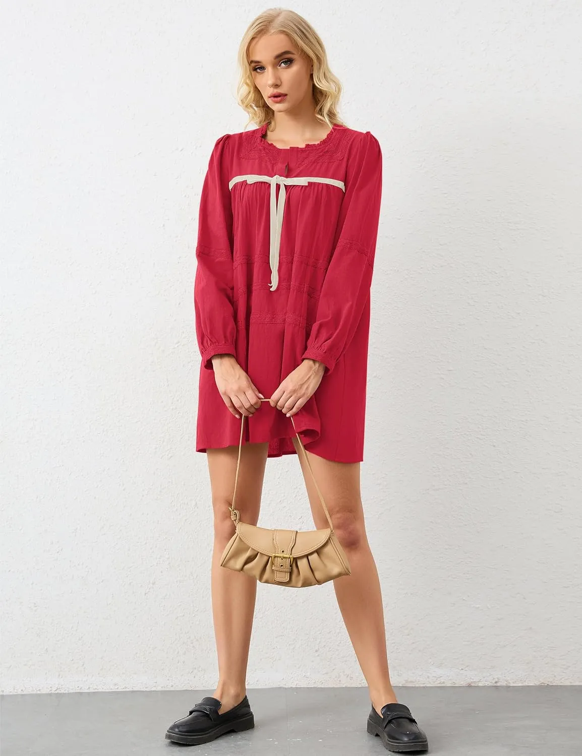 Women Flowy Long Puff Sleeve Mini Dress Casual Square Neck Lace Embroidered Babydoll Dress Bow Tie A-line Tunic Dress