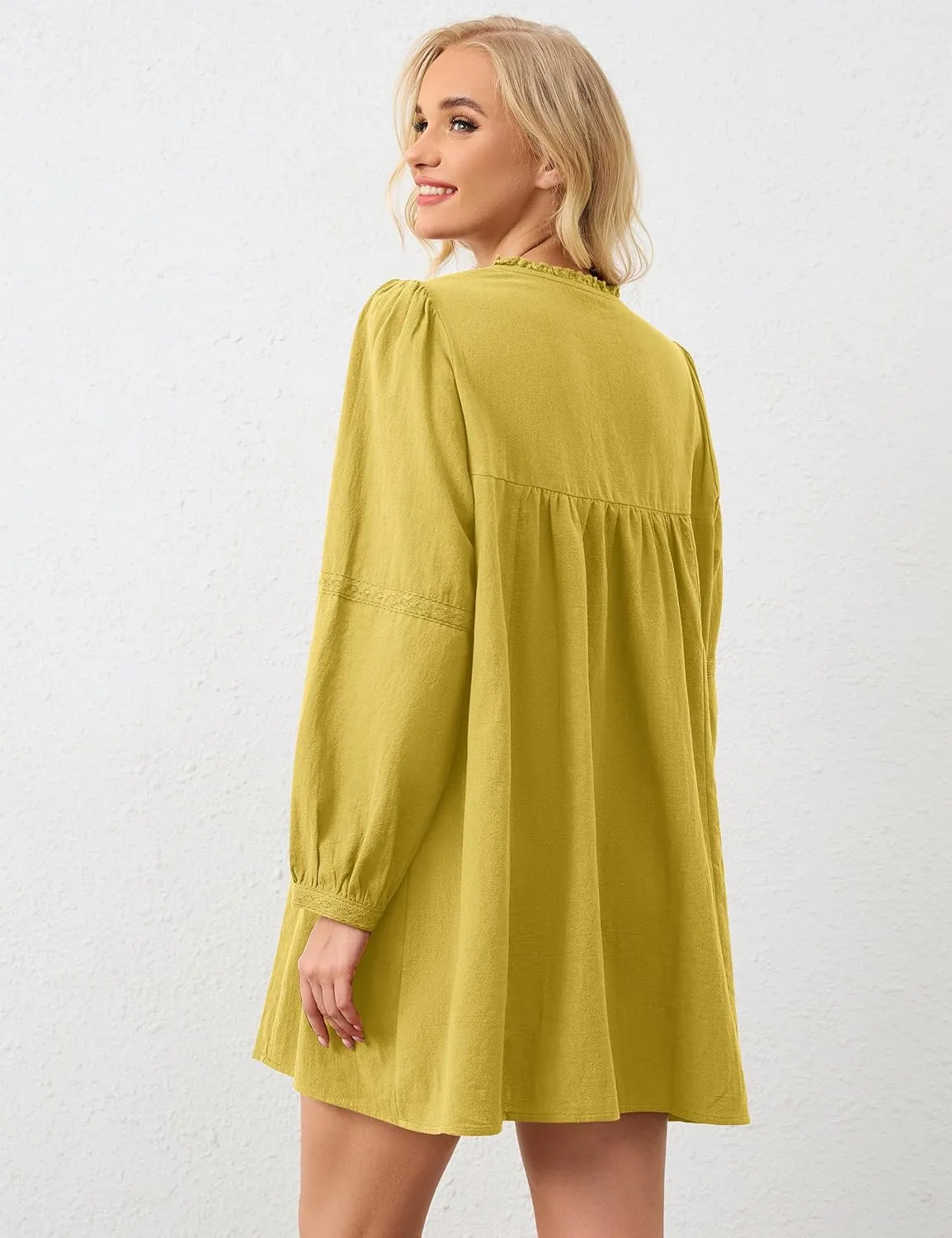 Women Flowy Long Puff Sleeve Mini Dress Casual Square Neck Lace Embroidered Babydoll Dress Bow Tie A-line Tunic Dress