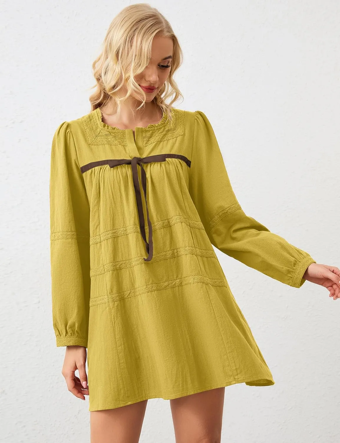 Women Flowy Long Puff Sleeve Mini Dress Casual Square Neck Lace Embroidered Babydoll Dress Bow Tie A-line Tunic Dress