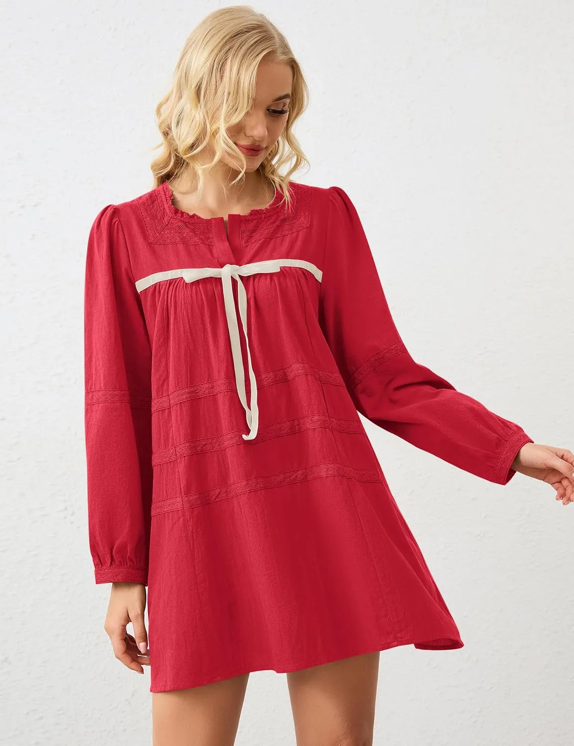 Women Flowy Long Puff Sleeve Mini Dress Casual Square Neck Lace Embroidered Babydoll Dress Bow Tie A-line Tunic Dress