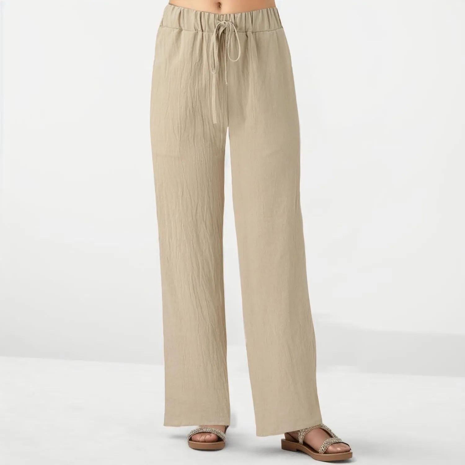 Women Linen Cotton Summer Pants Casual Baagy Palazzo Trousers Drawstring Elastic Waist Straight Wide Leg Pants with Pockets