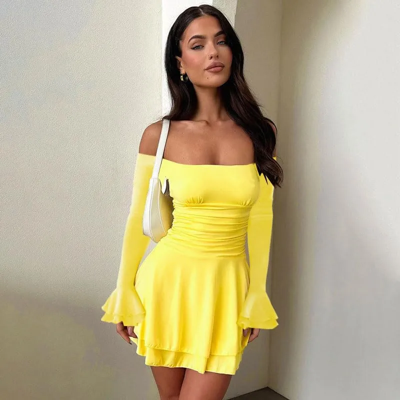 Women Off Shoulder Ruched Mini Dress Sexy Long Sleeve Ruffle Tiered Flowy Tube A Line Dress Fall Bodycon Short Dress