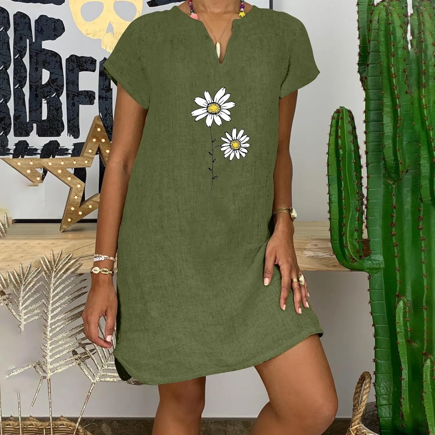Women Summer Shirt Dress Short Sleeve Floral Printed Mini Dresses Casual Loose Cotton Linen Beach Vacation Sundress