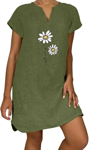 Women Summer Shirt Dress Short Sleeve Floral Printed Mini Dresses Casual Loose Cotton Linen Beach Vacation Sundress