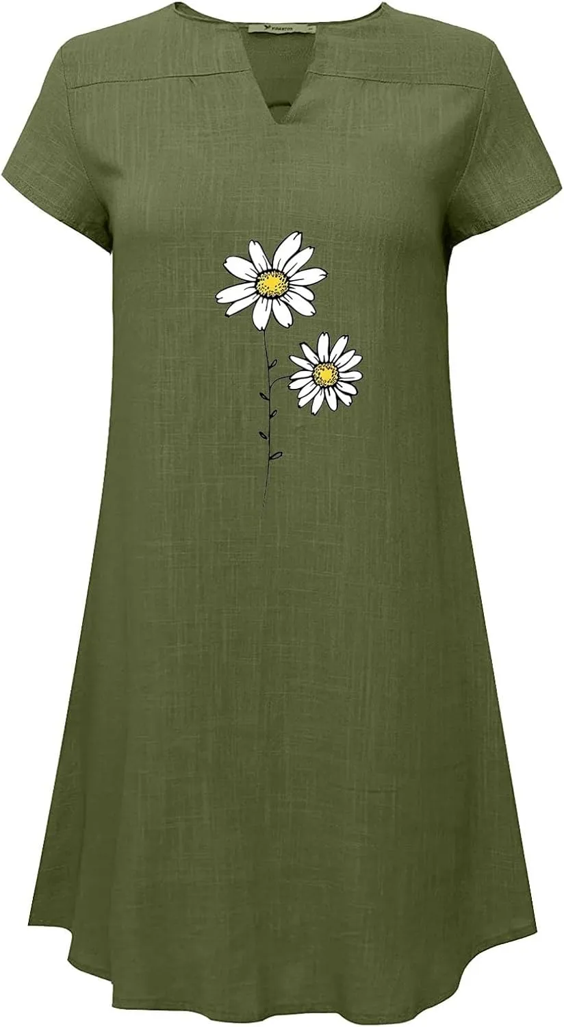 Women Summer Shirt Dress Short Sleeve Floral Printed Mini Dresses Casual Loose Cotton Linen Beach Vacation Sundress