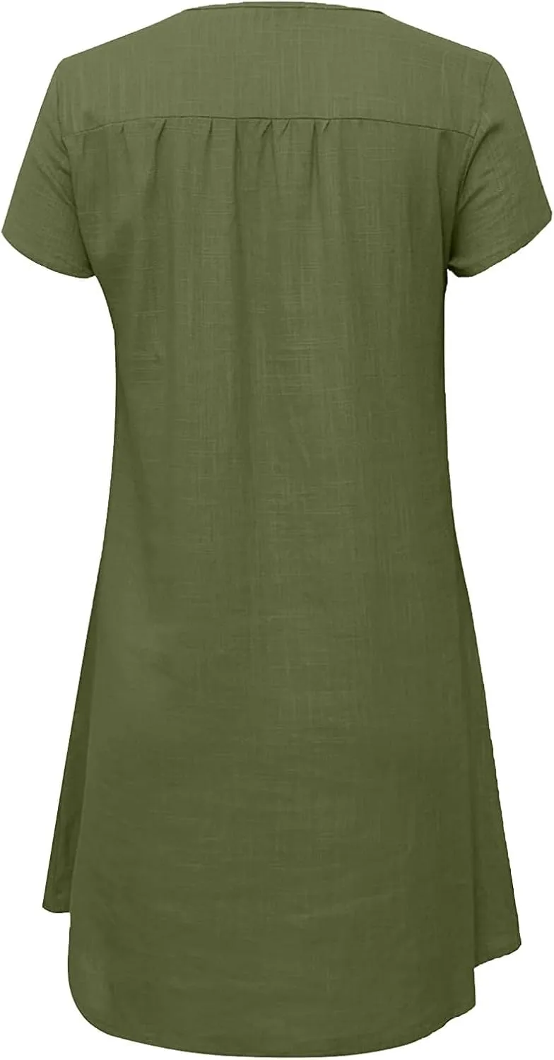 Women Summer Shirt Dress Short Sleeve Floral Printed Mini Dresses Casual Loose Cotton Linen Beach Vacation Sundress