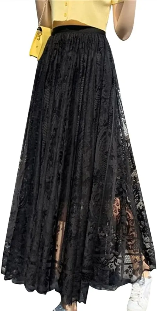 Women Tutu Tulle Skirts Midi Elastic High Waist Pleated Mesh Flowy A-Line Skirt Party Long Tutu Skirts Summer Long Dress Black