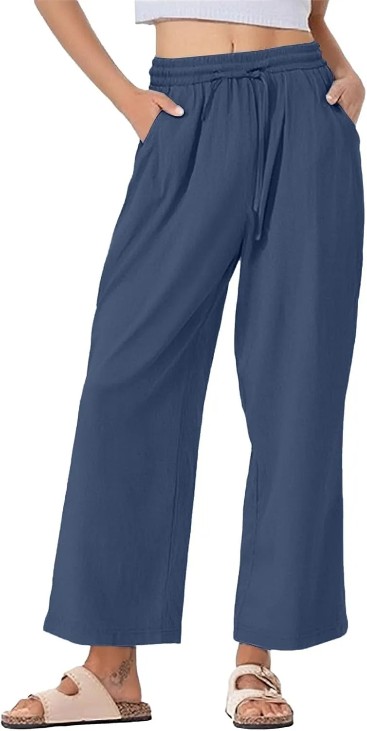 Womens Casual Linen High Waist Pants Drawstring Waist Loose Fit Summer Pants Beach Trousers Outfits
