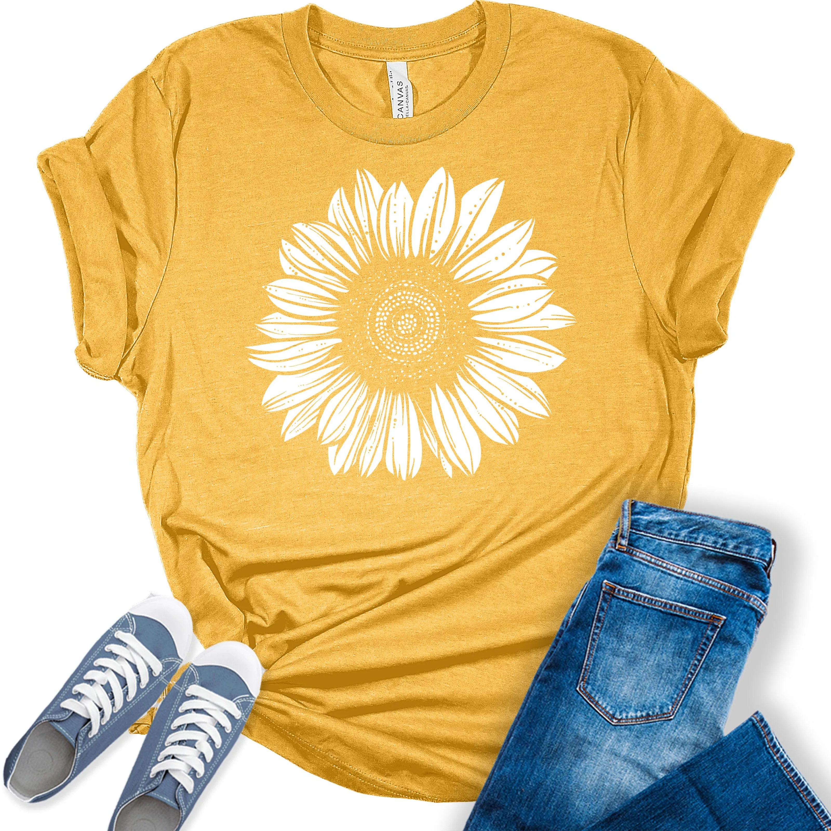 Women's Graphic Sunflower T Shirt Trendy Summer Bella Top Casual Plus Size Tee