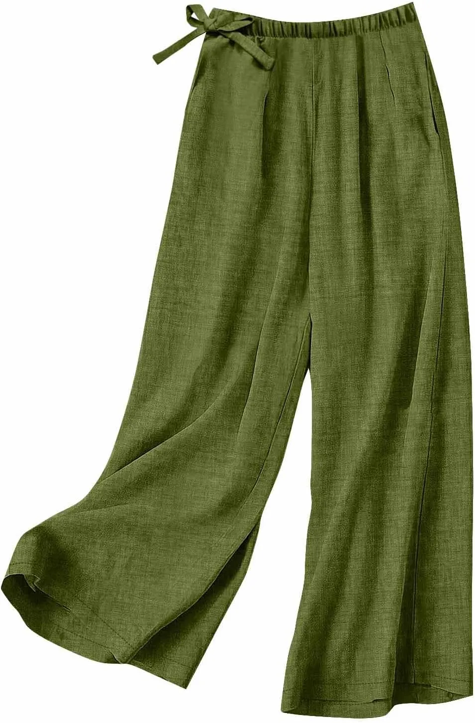 Women's Linen Blend Wide Leg Pants Tie Elastic Waist Casual Palazzo Trousers with Pockets Casual Beach Long Slacks