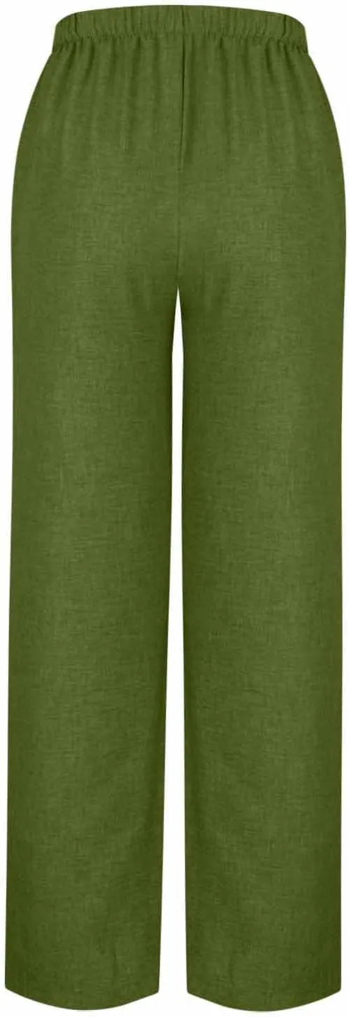 Women's Linen Blend Wide Leg Pants Tie Elastic Waist Casual Palazzo Trousers with Pockets Casual Beach Long Slacks
