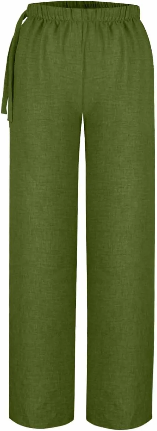 Women's Linen Blend Wide Leg Pants Tie Elastic Waist Casual Palazzo Trousers with Pockets Casual Beach Long Slacks